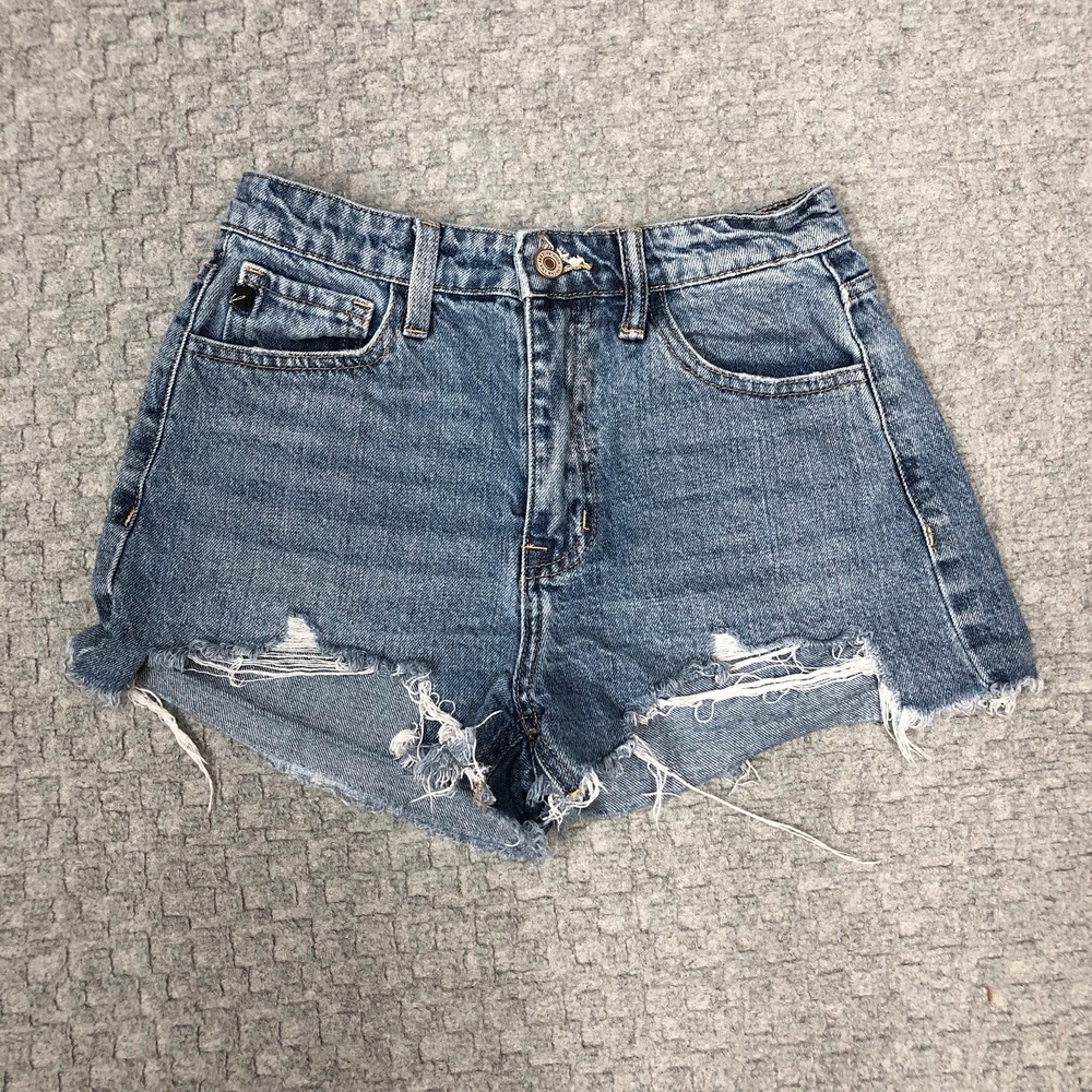 KanCan Shorts Womens 25 Blue Distressed Denim Cutoff Frayed Raw Hem Summer Rip